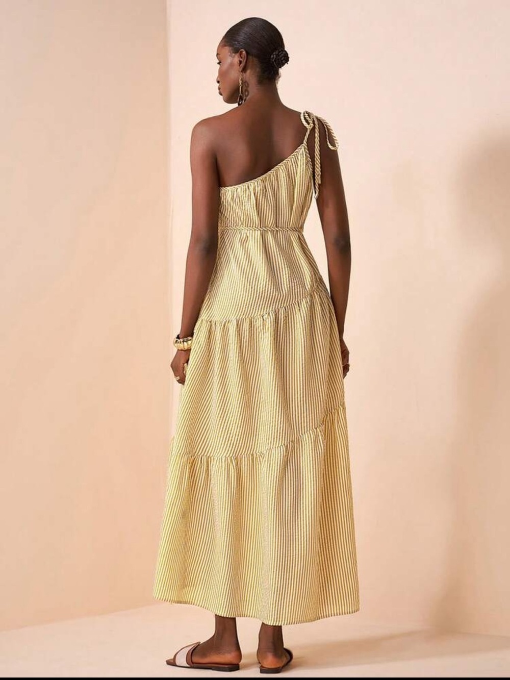 One-Shoulder Yellow Stripe Maxi Dress - Picture 2 of 9